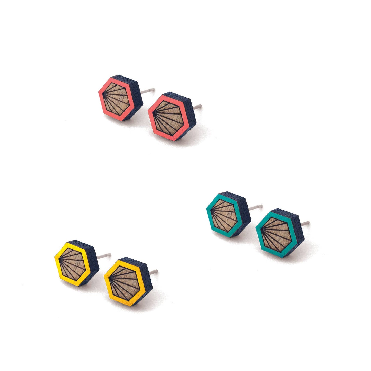 Cabin + Cub - Walnut Geometric Colour Earrings - Hexagon