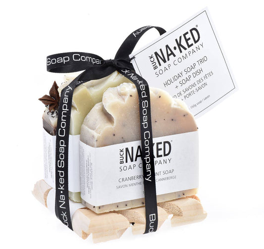Buck Naked Soap Company - Holiday Soap Trio + Soap Dish - Juniper, Vanilla Chai + Mint