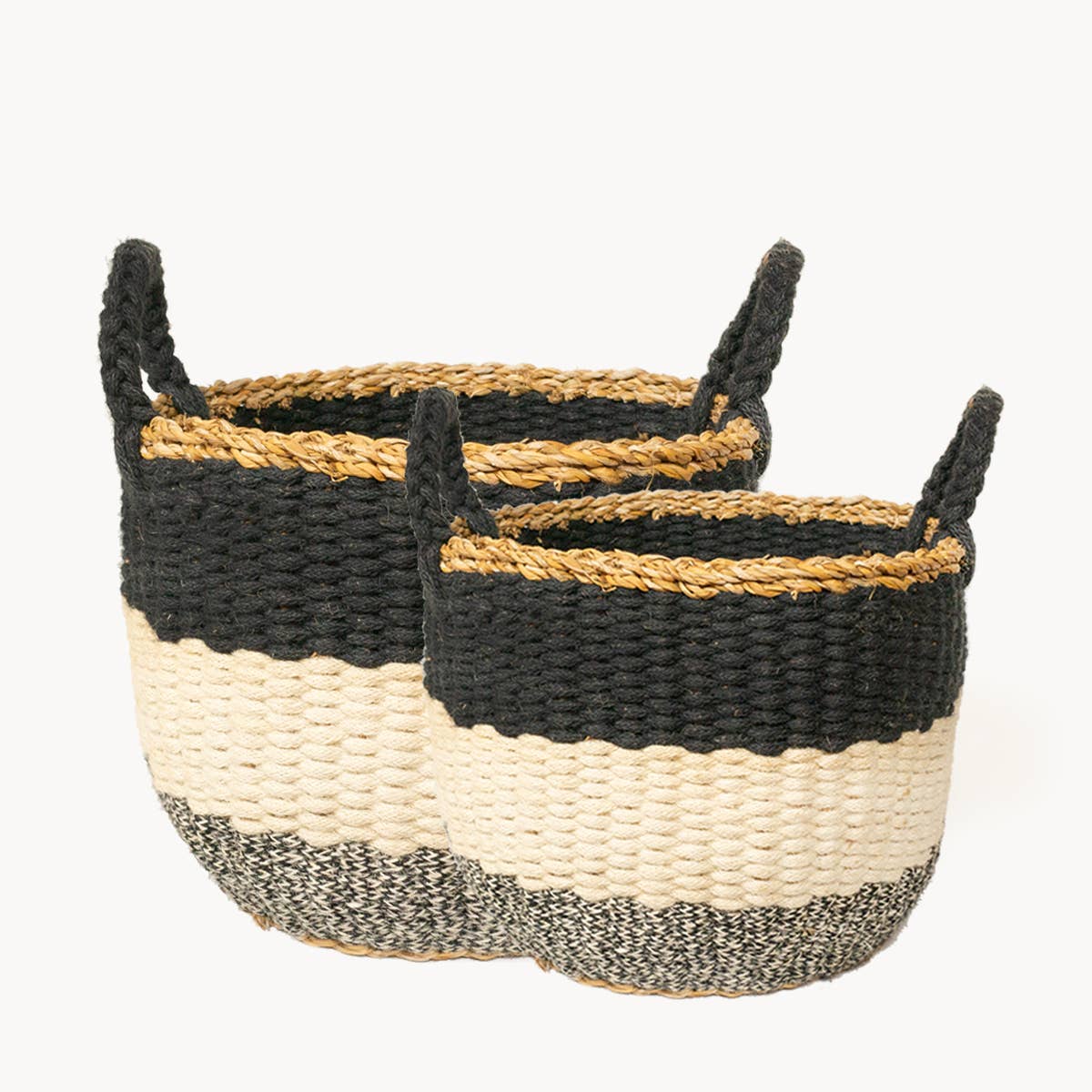 KORISSA - Handwoven Wicker Storage l Ula Stripe Basket-Black-Set of 2