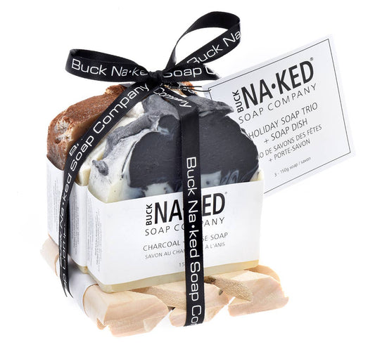 Buck Naked Soap Company - Holiday Soap Trio + Soap Dish - Charcoal, Coffee + Oatmeal