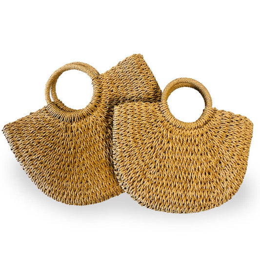EcoFreax - Large handmade woven straw hobo handbag round handles - lehua
