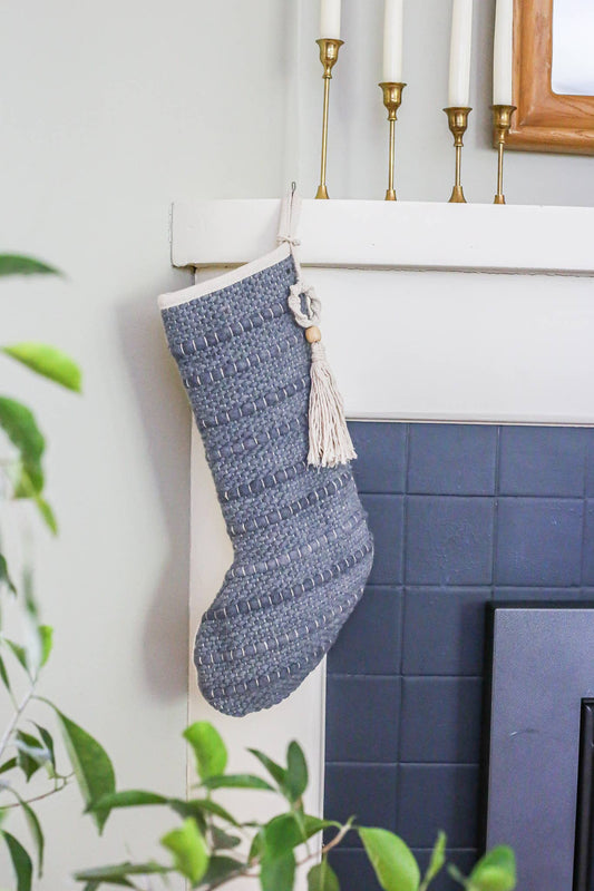 NOEL by Alma Home - Woven Wool Stocking | Blue Grey | Boho Christmas Stockings